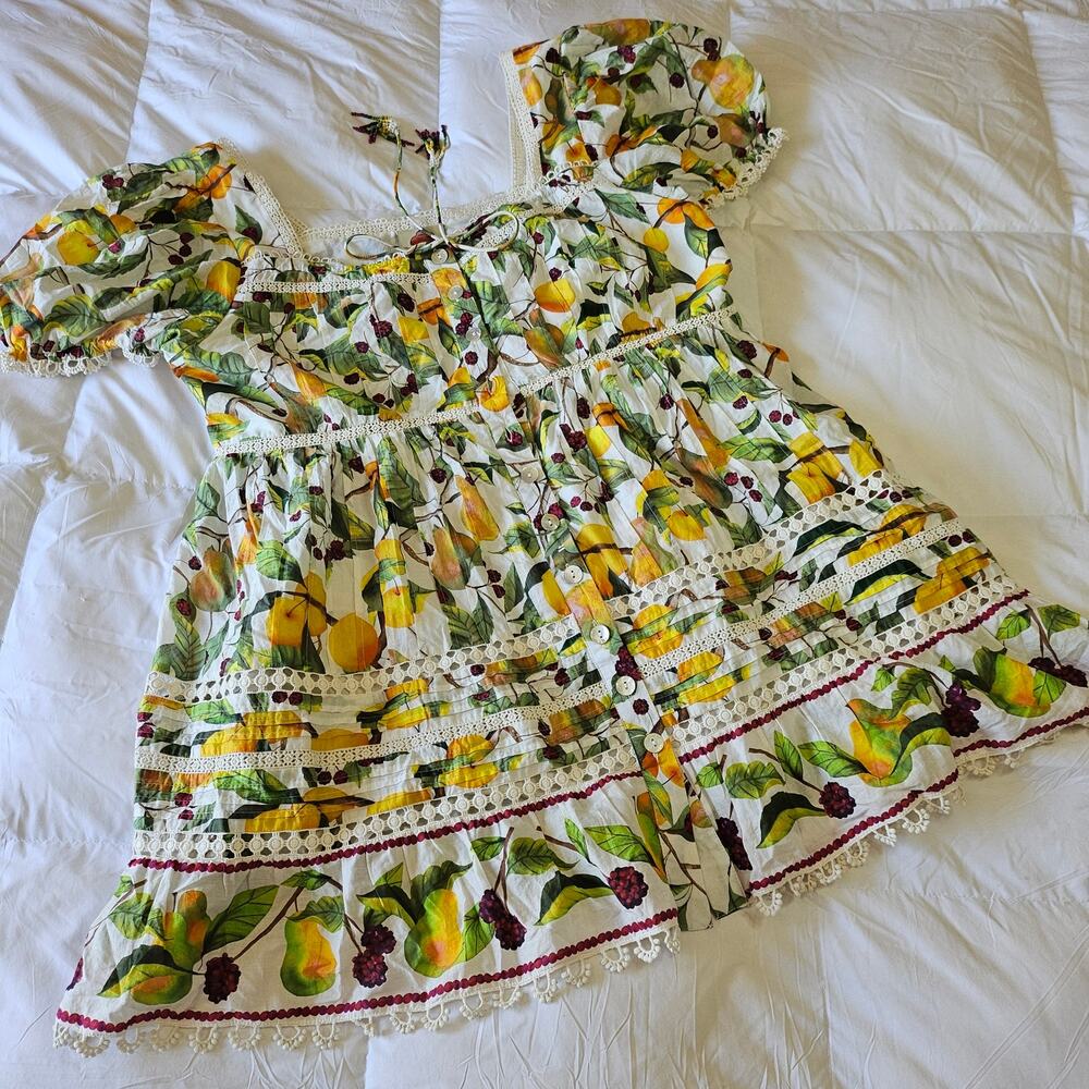 FARM RIO Fruit Orchard Mini Dress - Puff Sleeves & Beaded Tassels - Size XL